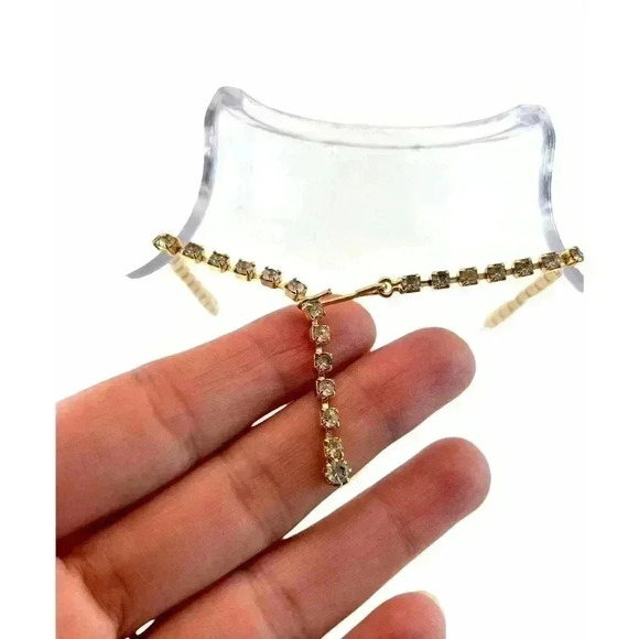 VTG Clear Rhinestone Gold Toned Metal Necklace Jewelry Rectangle - Picture 4 of 7